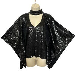NEW Boston Proper XS Black Sequin Kimono Sleeve Cocktail Top Cutout Neckline